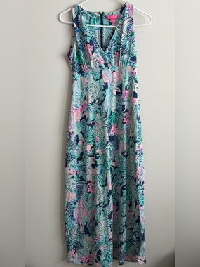 Lilly Pulitzer Maxi Dress Size Small Looking Sharp Print Pink Blue Tropical